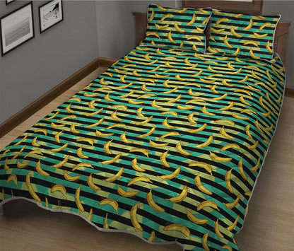 Teal Striped Banana Pattern Print Quilt Bed Set