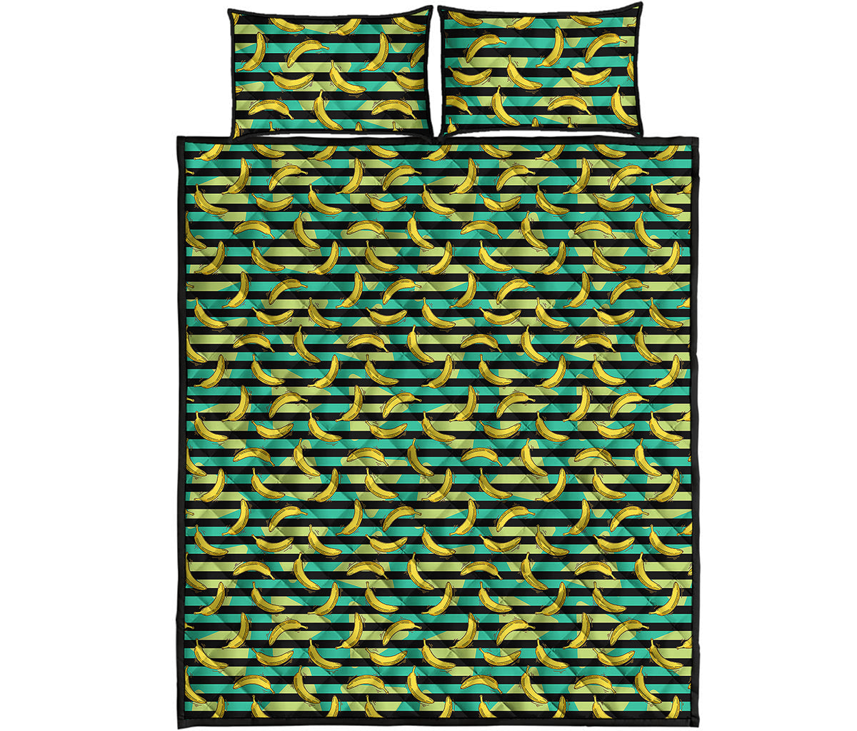 Teal Striped Banana Pattern Print Quilt Bed Set