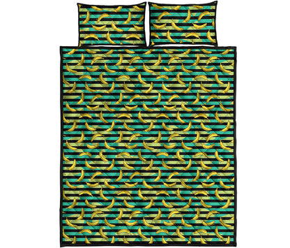 Teal Striped Banana Pattern Print Quilt Bed Set