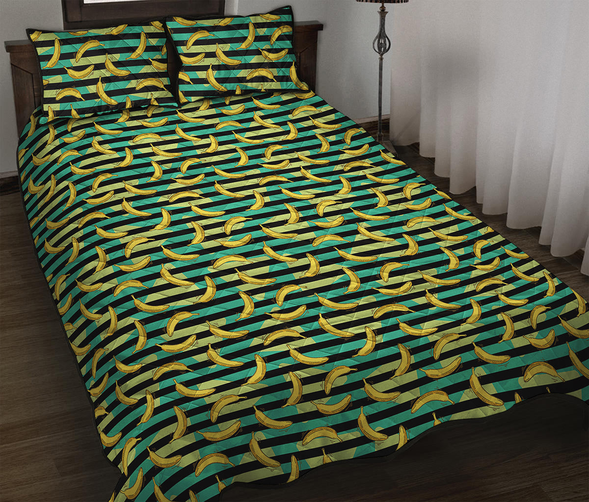 Teal Striped Banana Pattern Print Quilt Bed Set