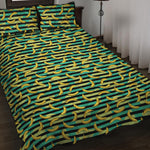 Teal Striped Banana Pattern Print Quilt Bed Set