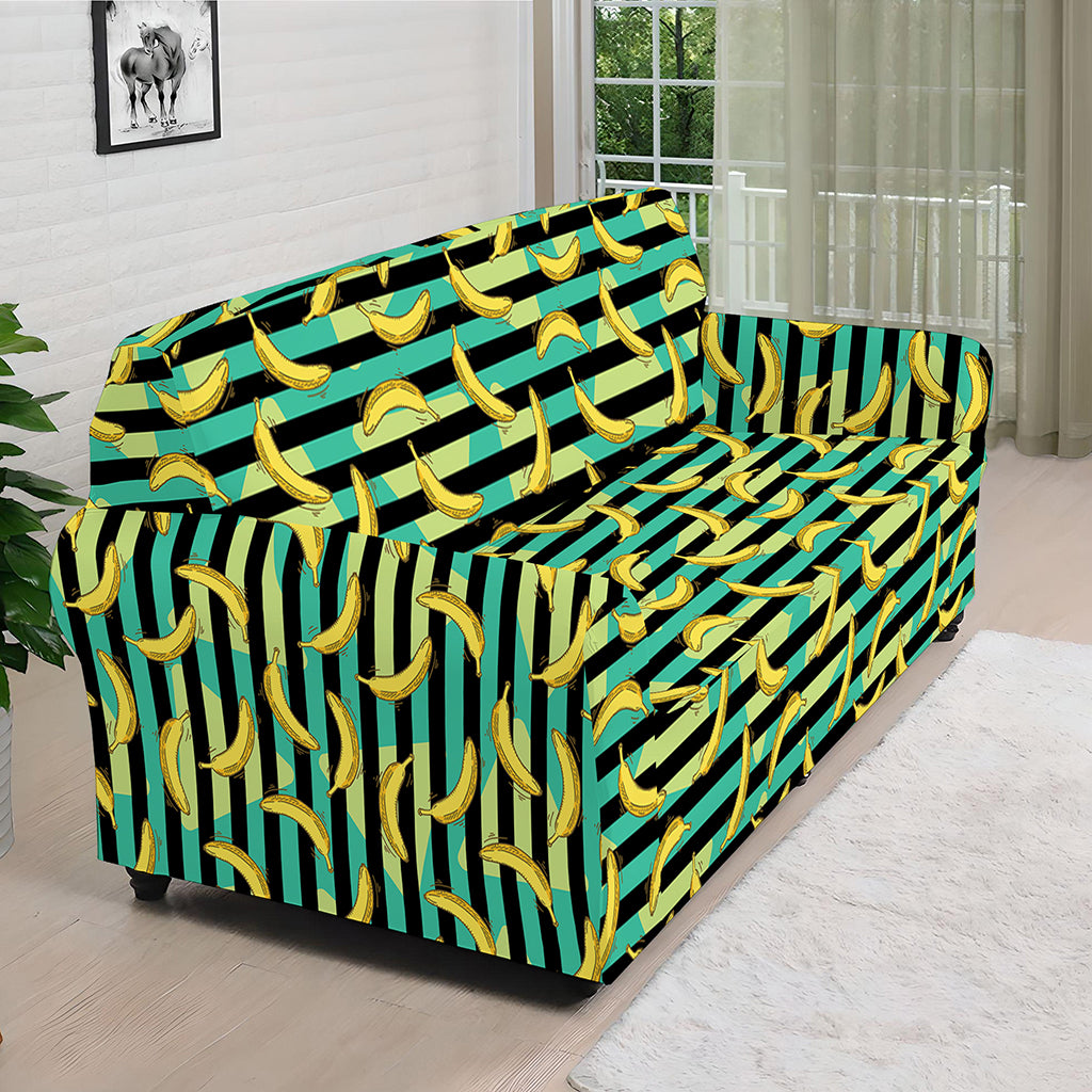Teal Striped Banana Pattern Print Sofa Cover