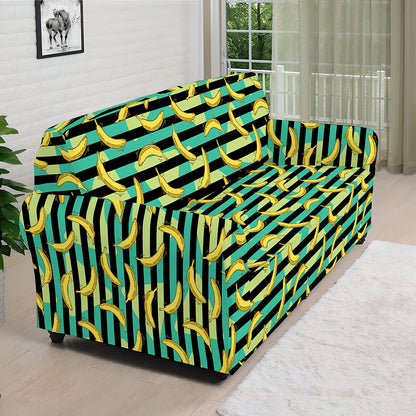Teal Striped Banana Pattern Print Sofa Cover