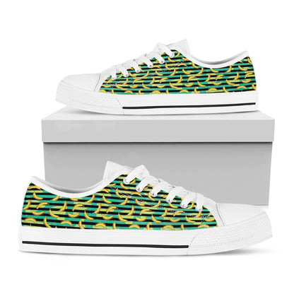 Teal Striped Banana Pattern Print White Low Top Shoes