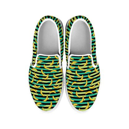 Teal Striped Banana Pattern Print White Slip On Shoes