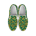 Teal Striped Banana Pattern Print White Slip On Shoes