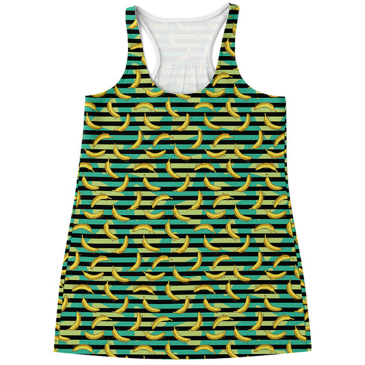 Teal Striped Banana Pattern Print Women's Racerback Tank Top