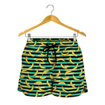 Teal Striped Banana Pattern Print Women's Shorts