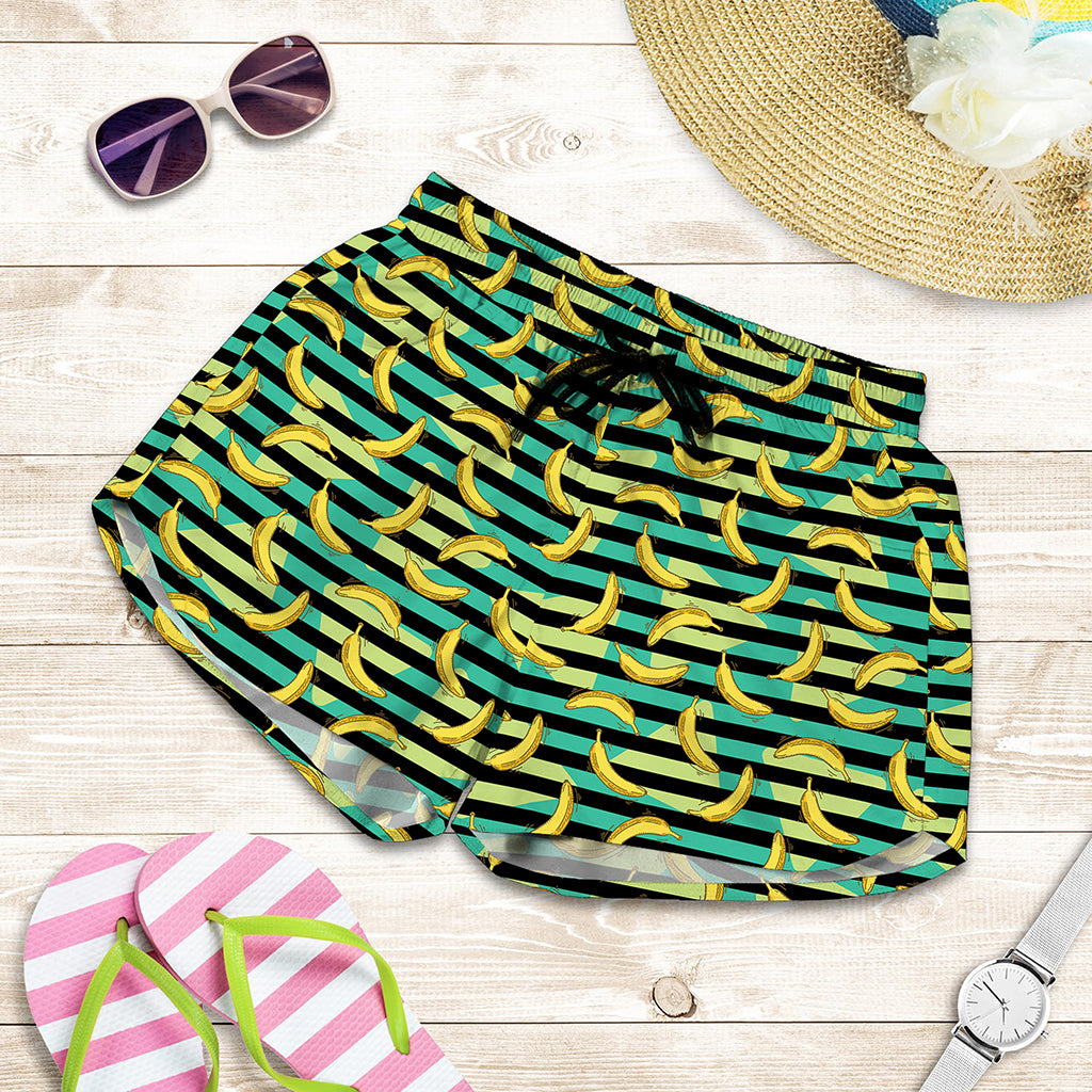 Teal Striped Banana Pattern Print Women's Shorts
