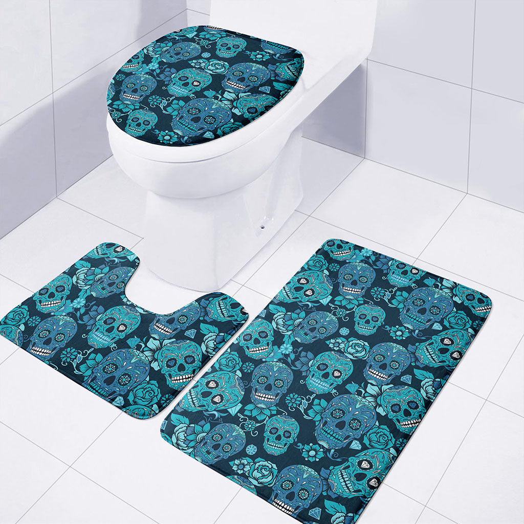Teal Sugar Skull Flower Pattern Print 3 Piece Bath Mat Set