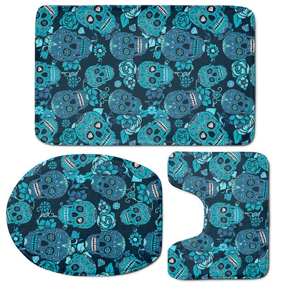Teal Sugar Skull Flower Pattern Print 3 Piece Bath Mat Set