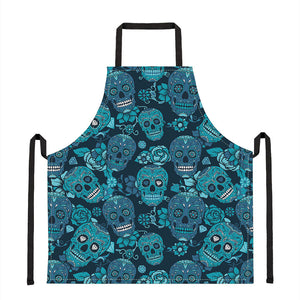 Teal Sugar Skull Flower Pattern Print Apron