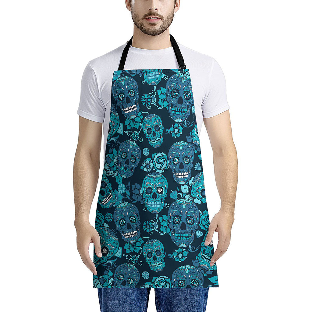 Teal Sugar Skull Flower Pattern Print Apron