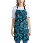 Teal Sugar Skull Flower Pattern Print Apron