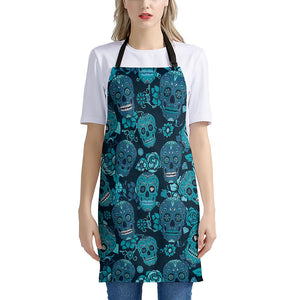 Teal Sugar Skull Flower Pattern Print Apron