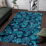 Teal Sugar Skull Flower Pattern Print Area Rug GearFrost