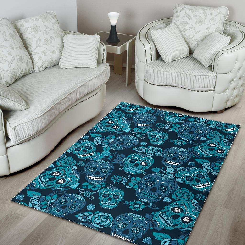 Teal Sugar Skull Flower Pattern Print Area Rug GearFrost