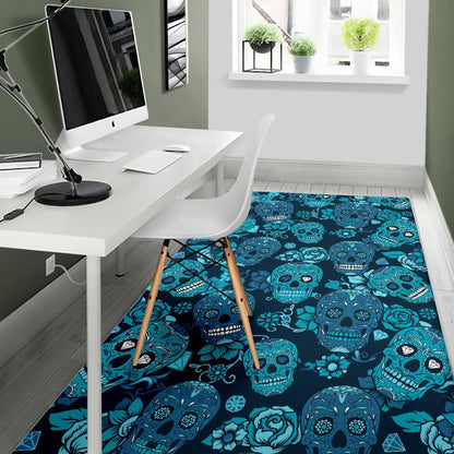 Teal Sugar Skull Flower Pattern Print Area Rug GearFrost