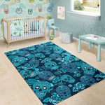 Teal Sugar Skull Flower Pattern Print Area Rug GearFrost