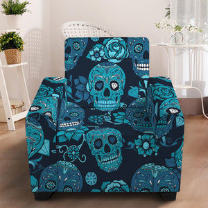 Teal Sugar Skull Flower Pattern Print Armchair Slipcover