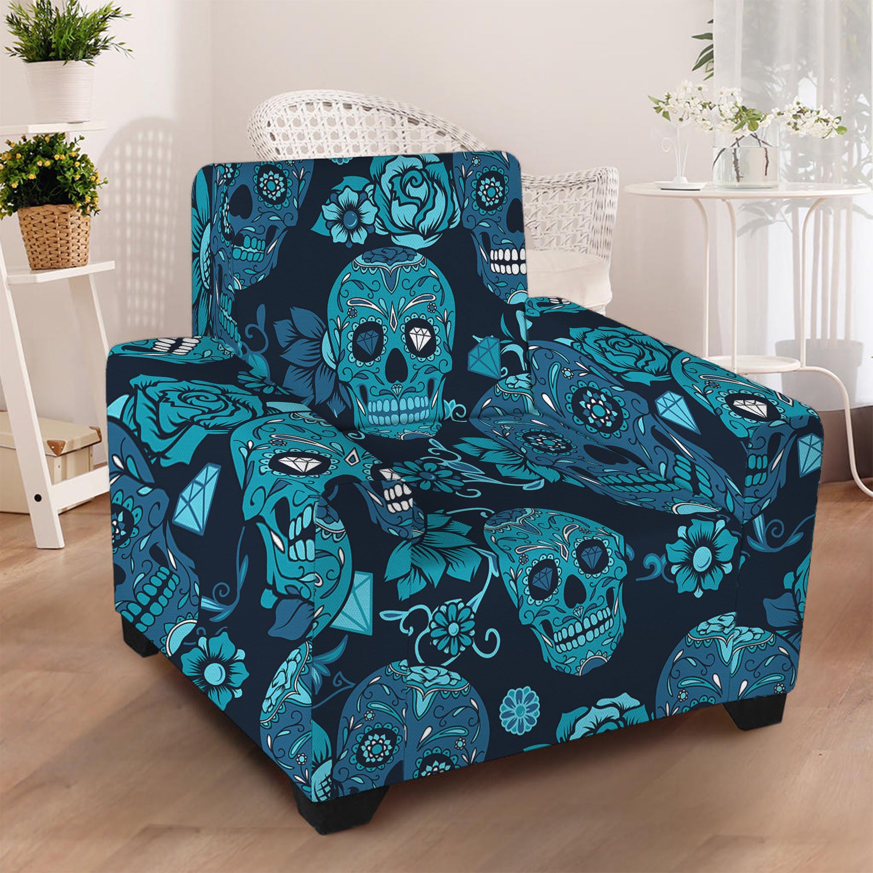 Teal Sugar Skull Flower Pattern Print Armchair Slipcover