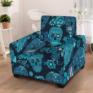 Teal Sugar Skull Flower Pattern Print Armchair Slipcover