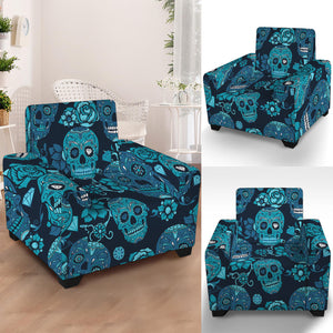 Teal Sugar Skull Flower Pattern Print Armchair Slipcover