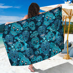 Teal Sugar Skull Flower Pattern Print Beach Sarong Wrap