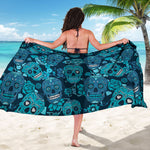 Teal Sugar Skull Flower Pattern Print Beach Sarong Wrap