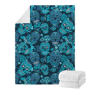 Teal Sugar Skull Flower Pattern Print Blanket