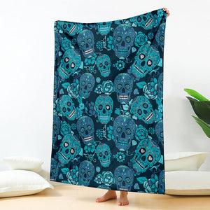 Teal Sugar Skull Flower Pattern Print Blanket