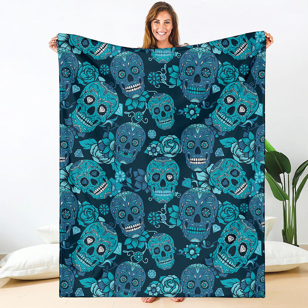 Teal Sugar Skull Flower Pattern Print Blanket