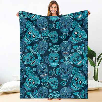 Teal Sugar Skull Flower Pattern Print Blanket