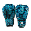 Teal Sugar Skull Flower Pattern Print Boxing Gloves