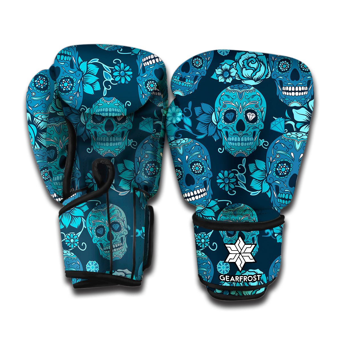 Teal Sugar Skull Flower Pattern Print Boxing Gloves