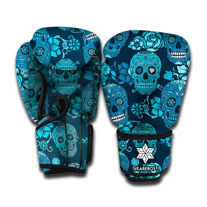 Teal Sugar Skull Flower Pattern Print Boxing Gloves