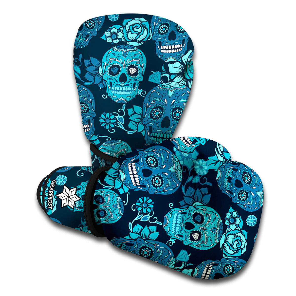 Teal Sugar Skull Flower Pattern Print Boxing Gloves