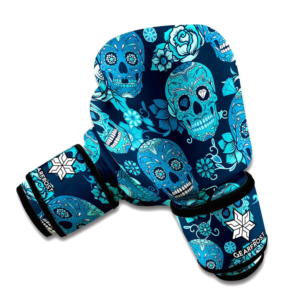 Teal Sugar Skull Flower Pattern Print Boxing Gloves
