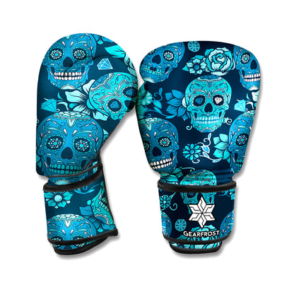 Teal Sugar Skull Flower Pattern Print Boxing Gloves