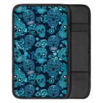 Teal Sugar Skull Flower Pattern Print Car Center Console Cover