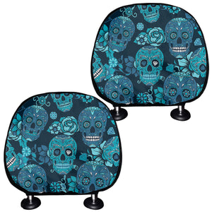 Teal Sugar Skull Flower Pattern Print Car Headrest Covers