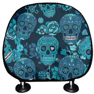 Teal Sugar Skull Flower Pattern Print Car Headrest Covers