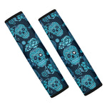 Teal Sugar Skull Flower Pattern Print Car Seat Belt Covers