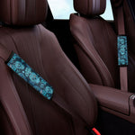 Teal Sugar Skull Flower Pattern Print Car Seat Belt Covers