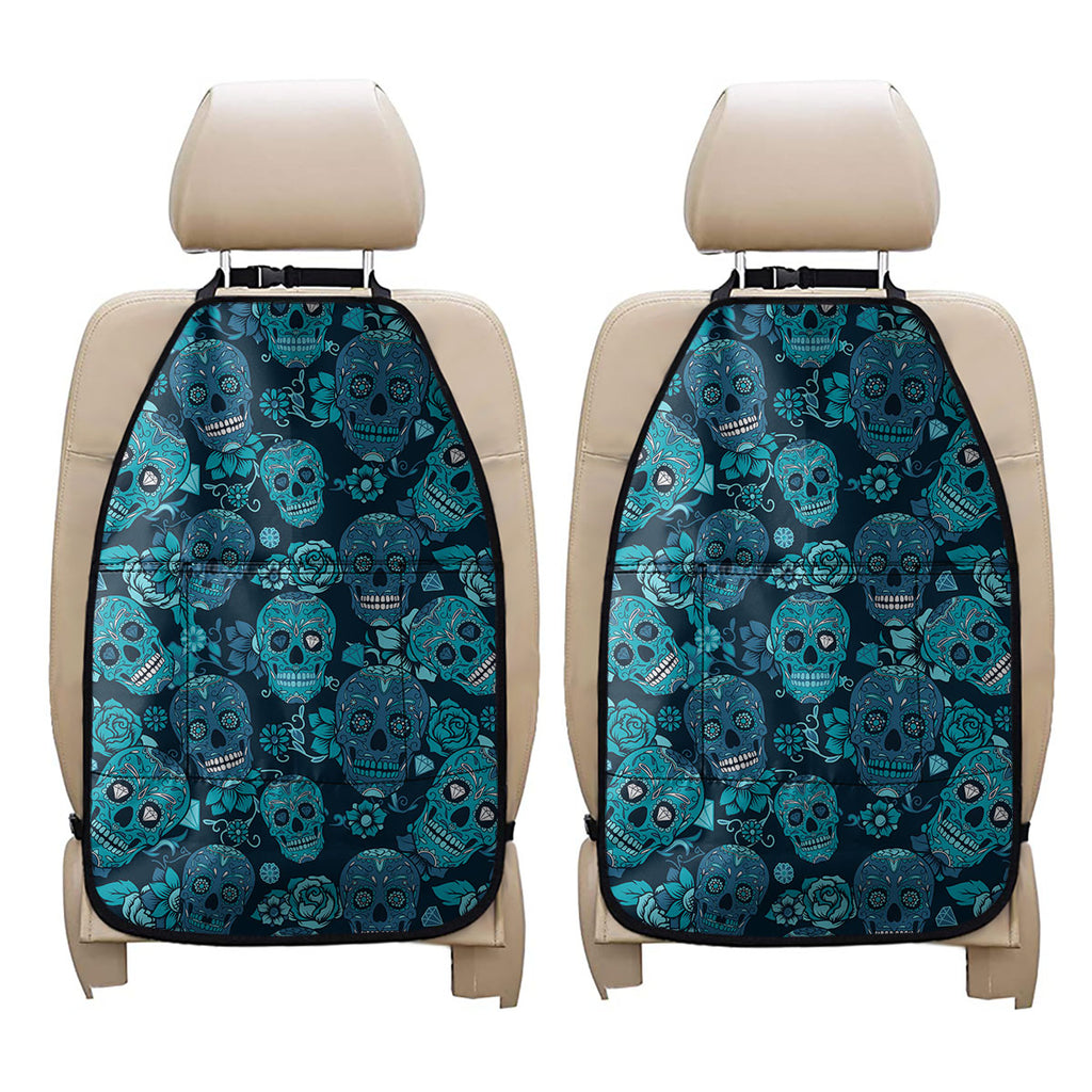 Teal Sugar Skull Flower Pattern Print Car Seat Organizers