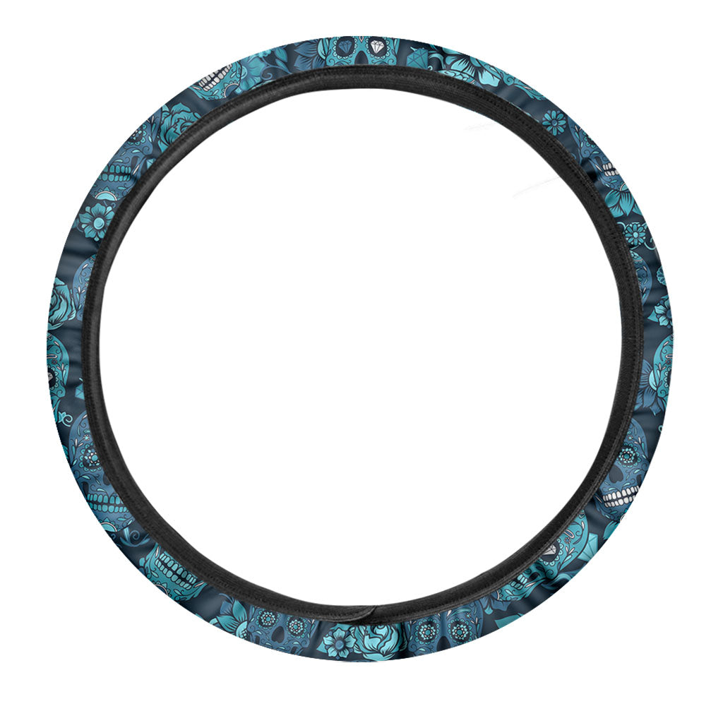 Teal Sugar Skull Flower Pattern Print Car Steering Wheel Cover
