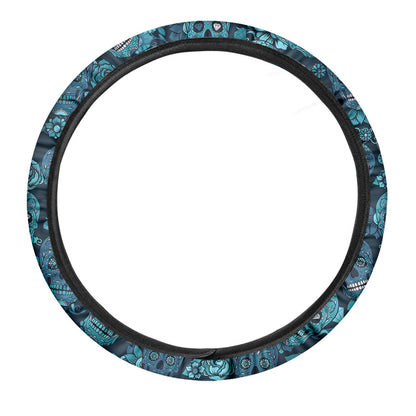 Teal Sugar Skull Flower Pattern Print Car Steering Wheel Cover