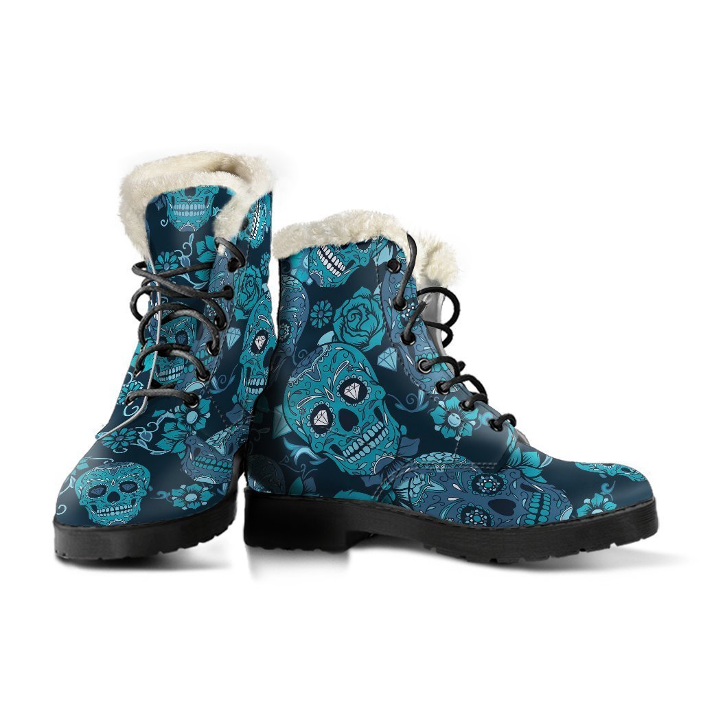 Teal Sugar Skull Flower Pattern Print Comfy Boots GearFrost