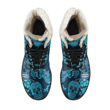 Teal Sugar Skull Flower Pattern Print Comfy Boots GearFrost