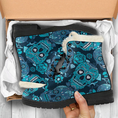Teal Sugar Skull Flower Pattern Print Comfy Boots GearFrost